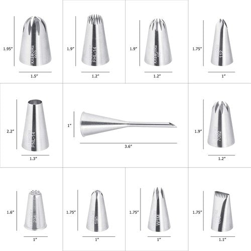 Kasmoire 11-Piece Extra Large Piping Tip Set - Stainless Steel Cake Decorating Nozzles for Cupcakes & Cookies