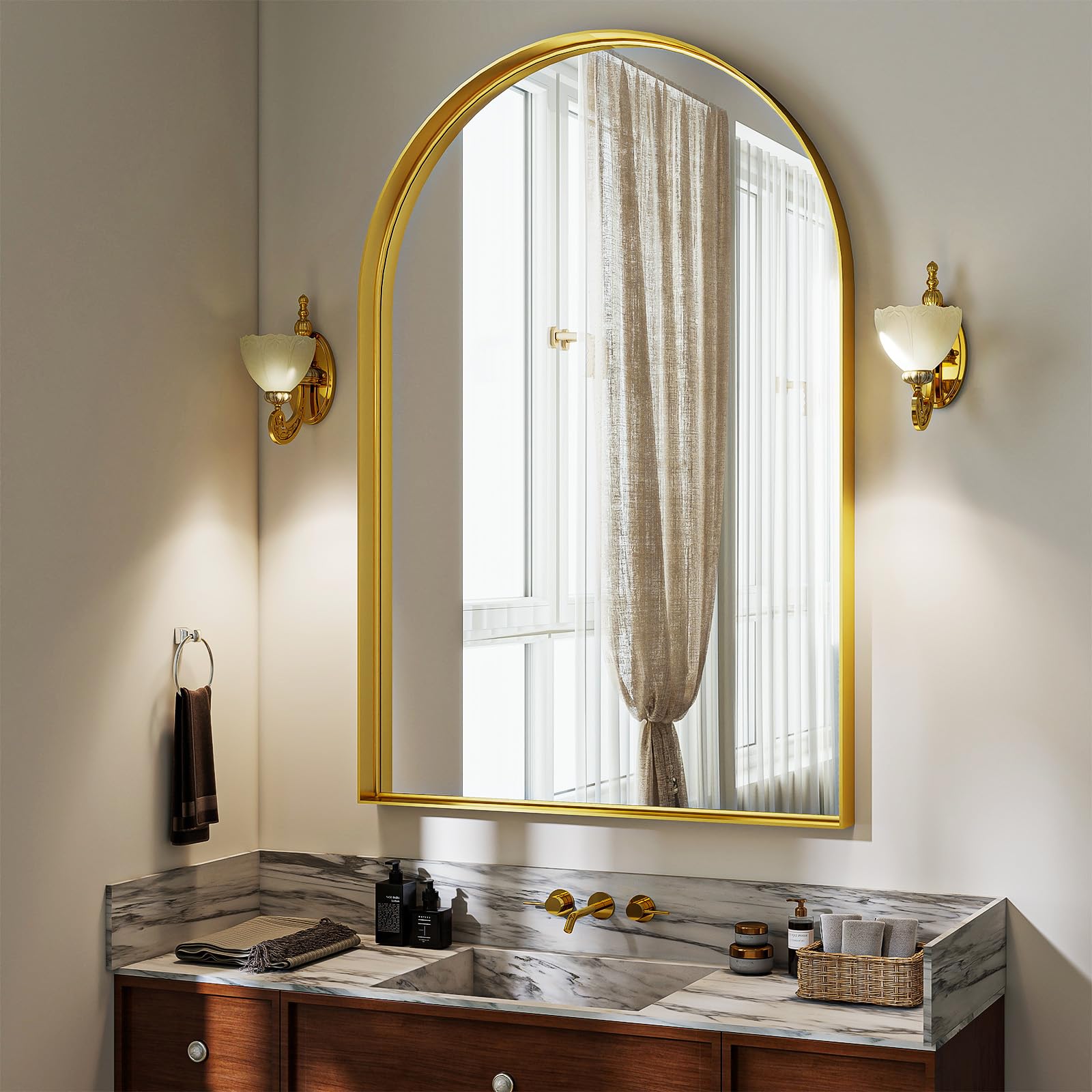 Riskioir 20" x 30" Luxury Arched Bathroom Mirror - Arch Wall Mirror with Shatterproof Tempered Glass and Metal Deep Frame, Hanging or Leaning for Living Room, Dresser, Entrance and Hallway, Gold