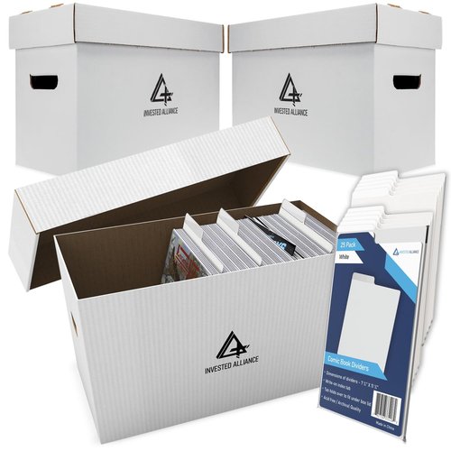 Bundle Set - Premium Short Comic Book Storage Box (3 Pack - White). Thick Cardboard Comic Book Box/Cabinet. Comics Books Bin for 150-175 Collectibles & White Comics Books Dividers (25 Pack)