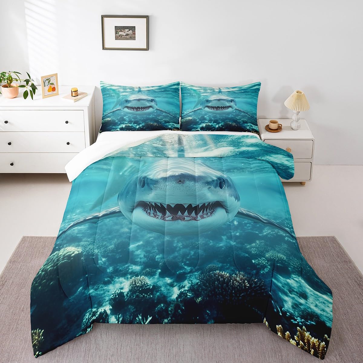 Erosebridal Shark Comforter Set, 3D Shark Bedding Set Full Size, Ocean Wave Sea Animals Duvet Set for Kids Boys Ocean Sea Wave Quilt Blue White