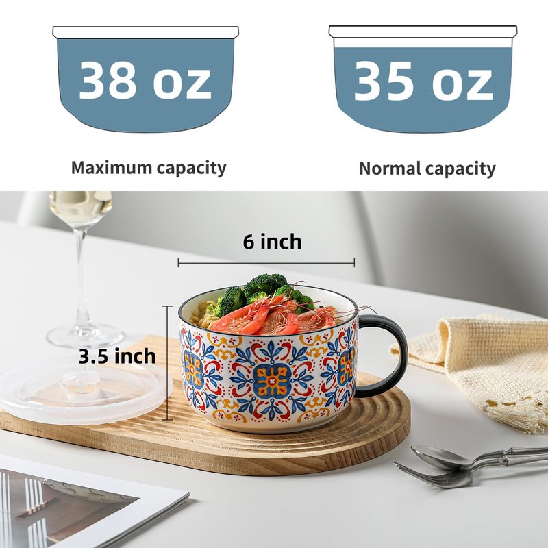 Chubacoo Jumbo Soup Bowl with Lid: 38 oz Ceramic Soup Mug with Big Handle for Ramen Cereal Breakfast Meal Prep Office Lunch Dorm Living - Microwave Safe Extra Large Food Container - Pattern C