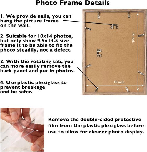 JCJMY Picture Frame 10x14 Inch - Horizontal & Vertical Wall Hanging with Shatter-Resistant Plexiglass | Rustic Brown