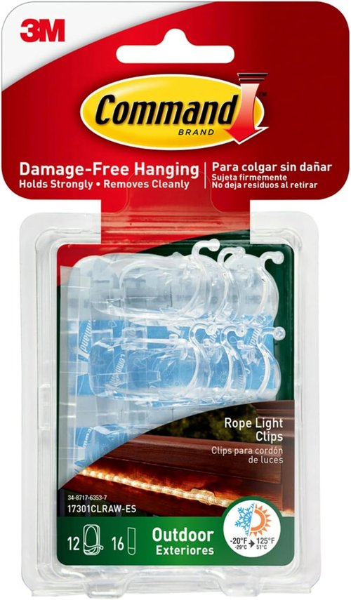 Command Outdoor Rope Light Clips - 12 Hooks & 16 Damage-Free Strips for Easy Holiday Decor | Weather Resistant