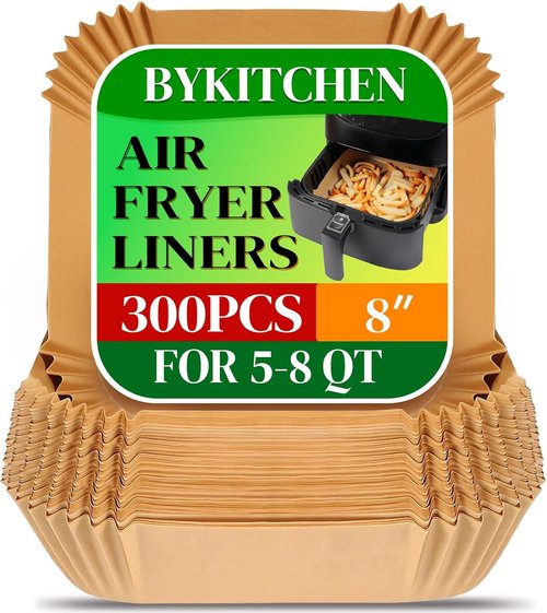 BYKITCHEN 300PCS Disposable Air Fryer Paper Liners - 8in Square Parchment for 5-8QT Air Fryers | Perfect for Ninja, Cosori, Chefman