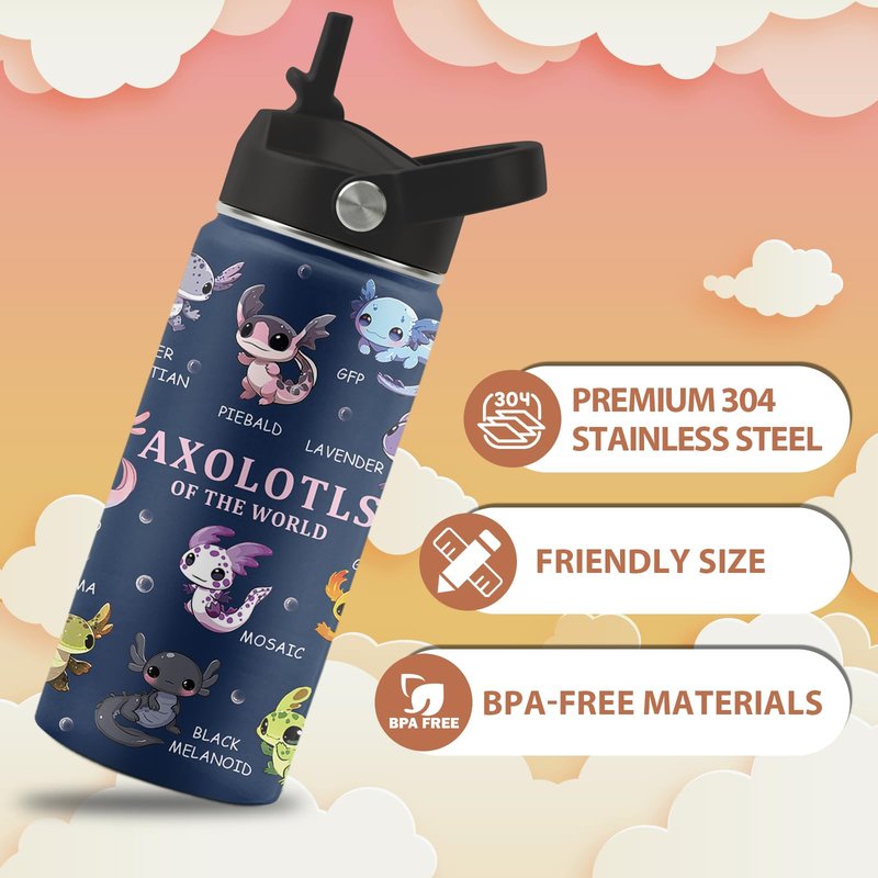 FAIVHSO Axolotl Gifts, 16 oz Water Bottle with Straw Lid, Stainless Steel Insulated Tumbler, Cute Animals Water Bottle, Axolotl Cup Gifts for Birthday Christmas (1pcs)
