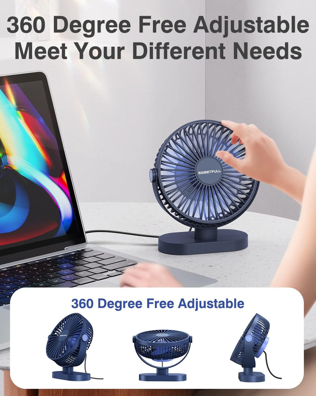 Sweetfull USB Desk Fan - Portable 3-Speed Mini Fan with 360° Adjustment | Quiet Operation, Blue