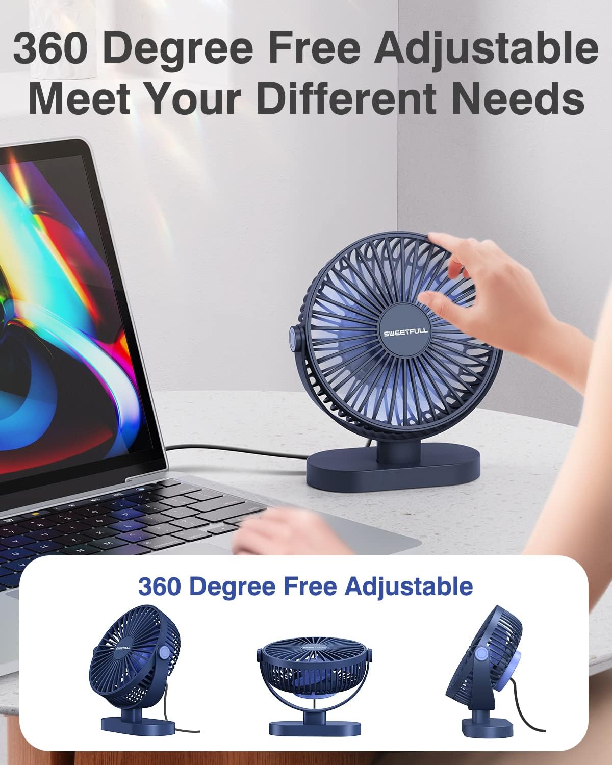 Sweetfull USB Desk Fan - Portable 3-Speed Mini Fan with 360° Adjustment | Quiet Operation, Blue