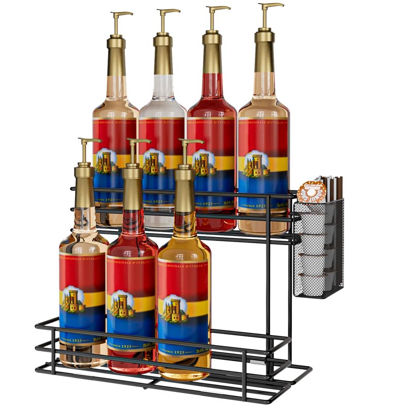OVICAR Coffee Syrup Organizer Rack - 8 Bottle Holder Stand for Coffee Bar & Station Accessories with Straw & Pod Basket, 2 Tiers Black