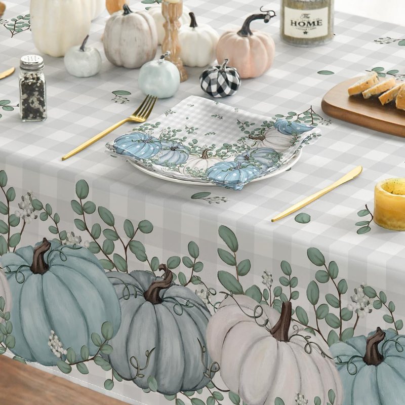 Horaldaily Fall Tablecloth 60x104 Inch Rectangular, Thanksgiving Autumn Harvest Blue Pumpkin Buffalo Plaid Table Cover for Party Picnic Dinner Decor