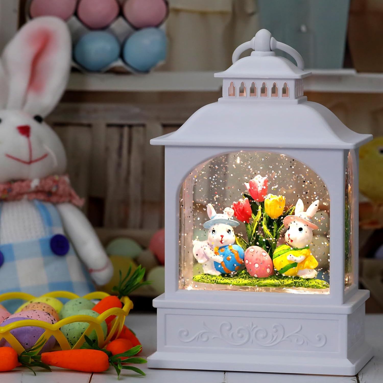 Skiennix Easter Bunny Snow Globe - Glitter Lantern with Timer for Spring Decor | 6 Hours