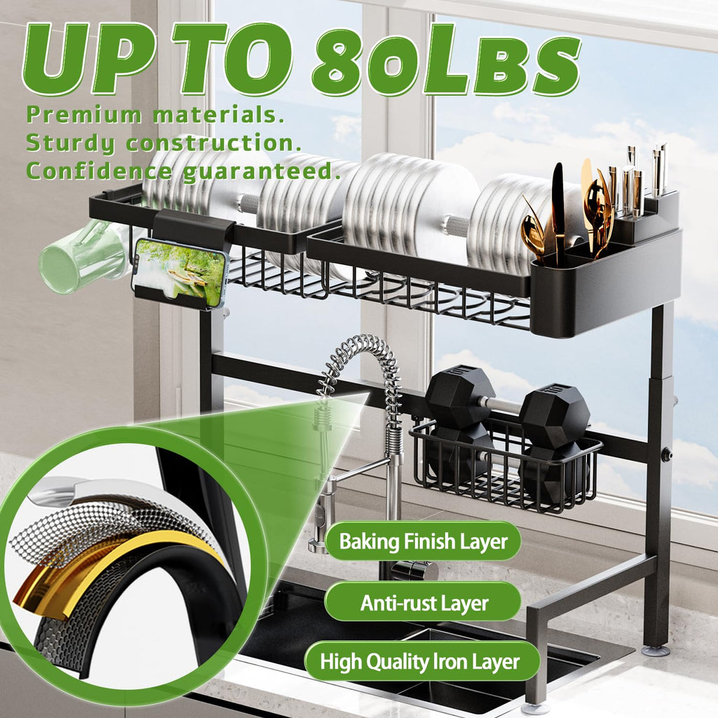 ilvvan Over The Sink Dish Drying Rack (Expandable Height and Length) Snap-On Design 2 Tier Large Dish Rack (23" - 34" L x 11" W x 19" - 21.5" H)