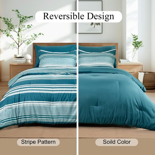 PHF 7 Pieces Queen Comforter Set, Striped Bed in A Bag, Teal Green Stripe Bedding & 18" Deep Pocket All Season, Ultra Soft Bedding Sets with Comforter, Sheets, Pillowcases & Shams