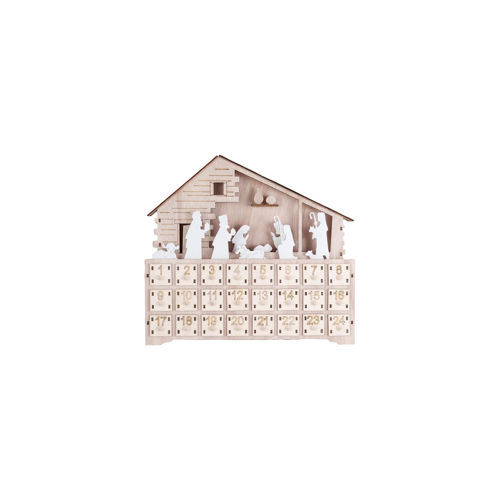 Creative Co-Op Wood Laser Cut Nativity Advent Calendar with LED Light and Drawers, Natural