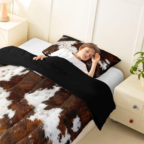 Erosebridal Milk Cow Print Comforter Set for Boys Girls,Black Brown Cowhide Western Bedding,Rustic Farmhouse Animals Skin Down Comforter,Bull Cattle Wildlife Fur Quilt Twin Cowboy Bohemian Decor