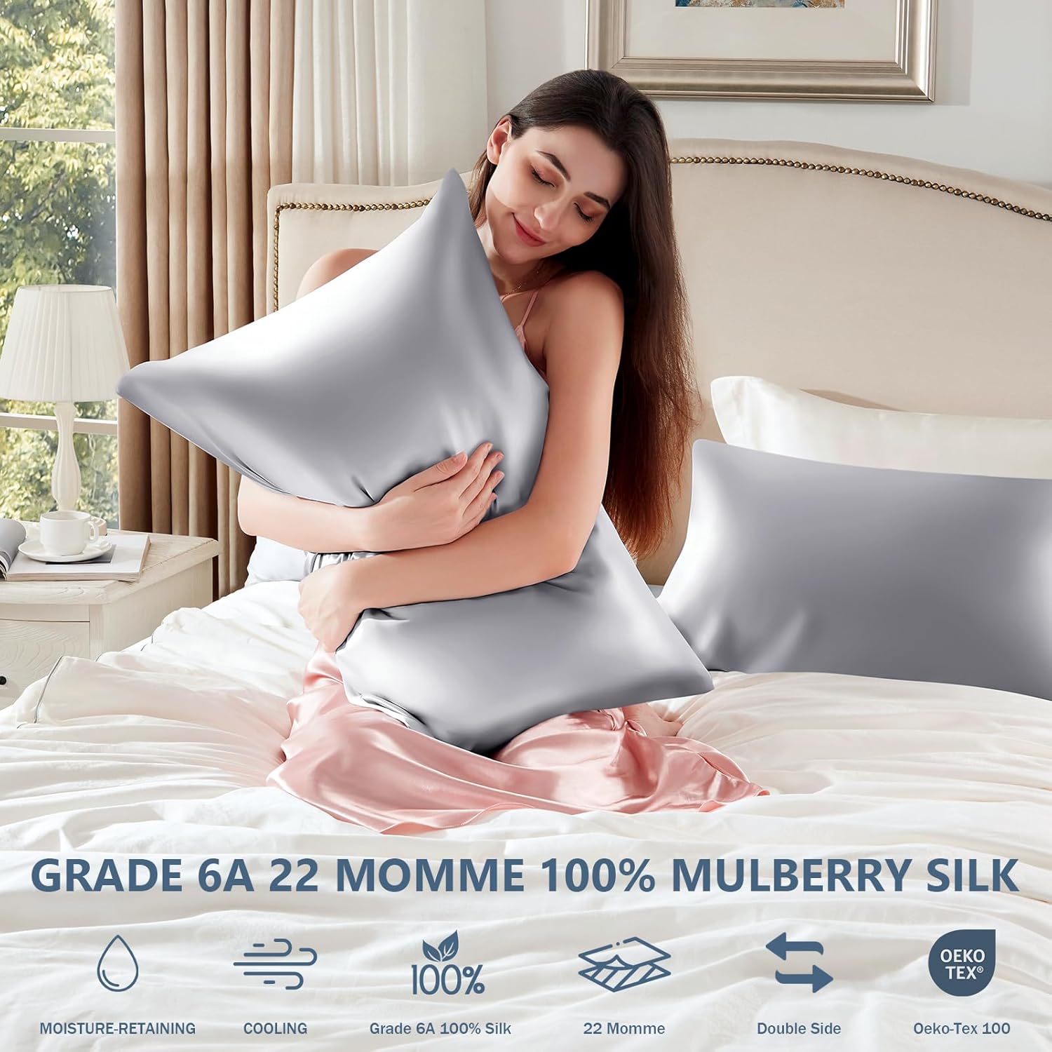 Mulberry Silk Pillowcases by Skiennix - 2 Pack Queen Size 30x20 Inches | Soft, Breathable & Cooling Grey