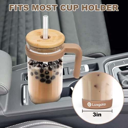 Luxgola 32 oz Glass Tumbler with Handle, Iced Coffee Cup with Bamboo Lid and Straws, Reusable Clear Glass Water Cup With Silicone Bumper - Fits in Car Cup Holder, Dishwasher Safe, BPA Free - Khaki