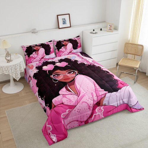 Manfei Black Princess Girly Kids Comforter Set Twin Size,Cartoon Love Heart Print Bedding Set,Girls Women Room Decor,African American Little Girls Down Comforter,Pink Dreamy Duvet Insert,1 Pillowcase