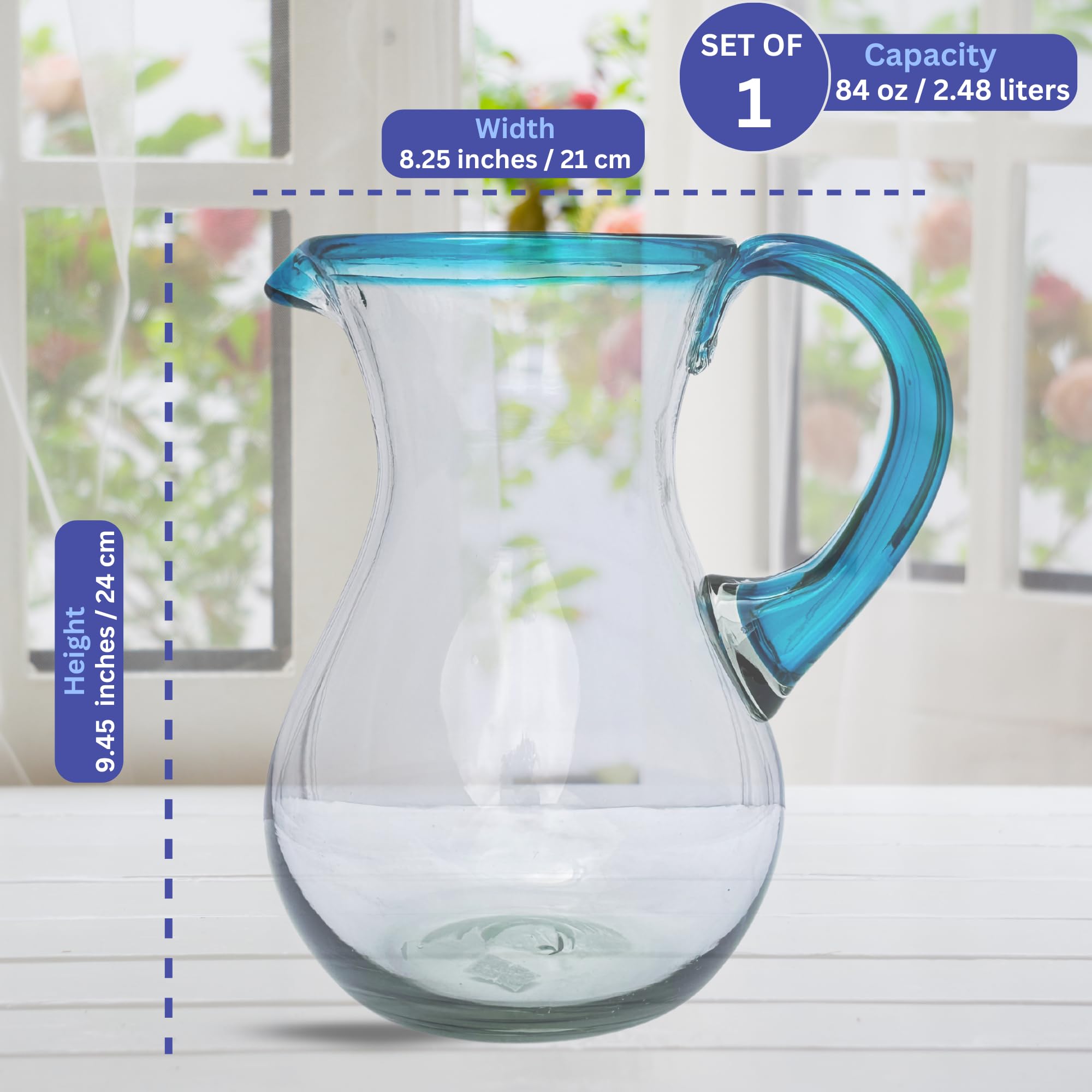 AGAVE'S GLASSWARE Glass Pitcher (84 oz) | Aqua Rim Water Pitcher | Mexican Glassware | Pitchers for Drinks | Tea Picher Juice Pitcher Lemonade Pitcher (Pera Design Aqua 84 oz)