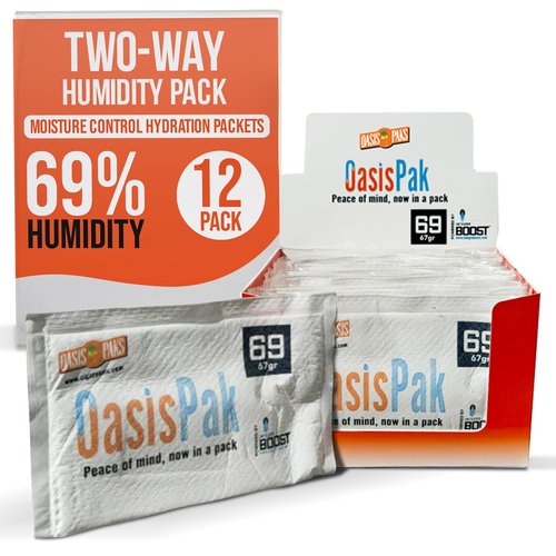 OasisPak 69% RH Two-Way Humidity Control Packs (12 Pack) - 67 Gram Packs | Maintain Humidty, Freshness, Flavors & Aromas | Salt-Free, Leak-Proof Moisture Absorbers for Storage Cases & Containers