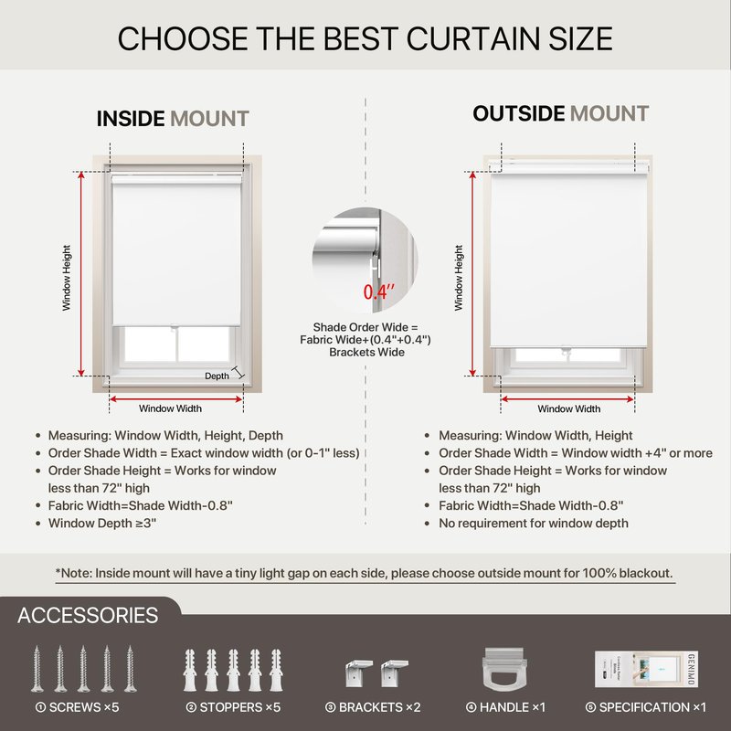 GENIMO 100% Blackout Roller Window Shades, Window Blinds Cordless with Thermal Insulated, UV Protection Fabric, Mini French Door Blinds for Home, Bedroom, Office, White, 46" W X 72" H
