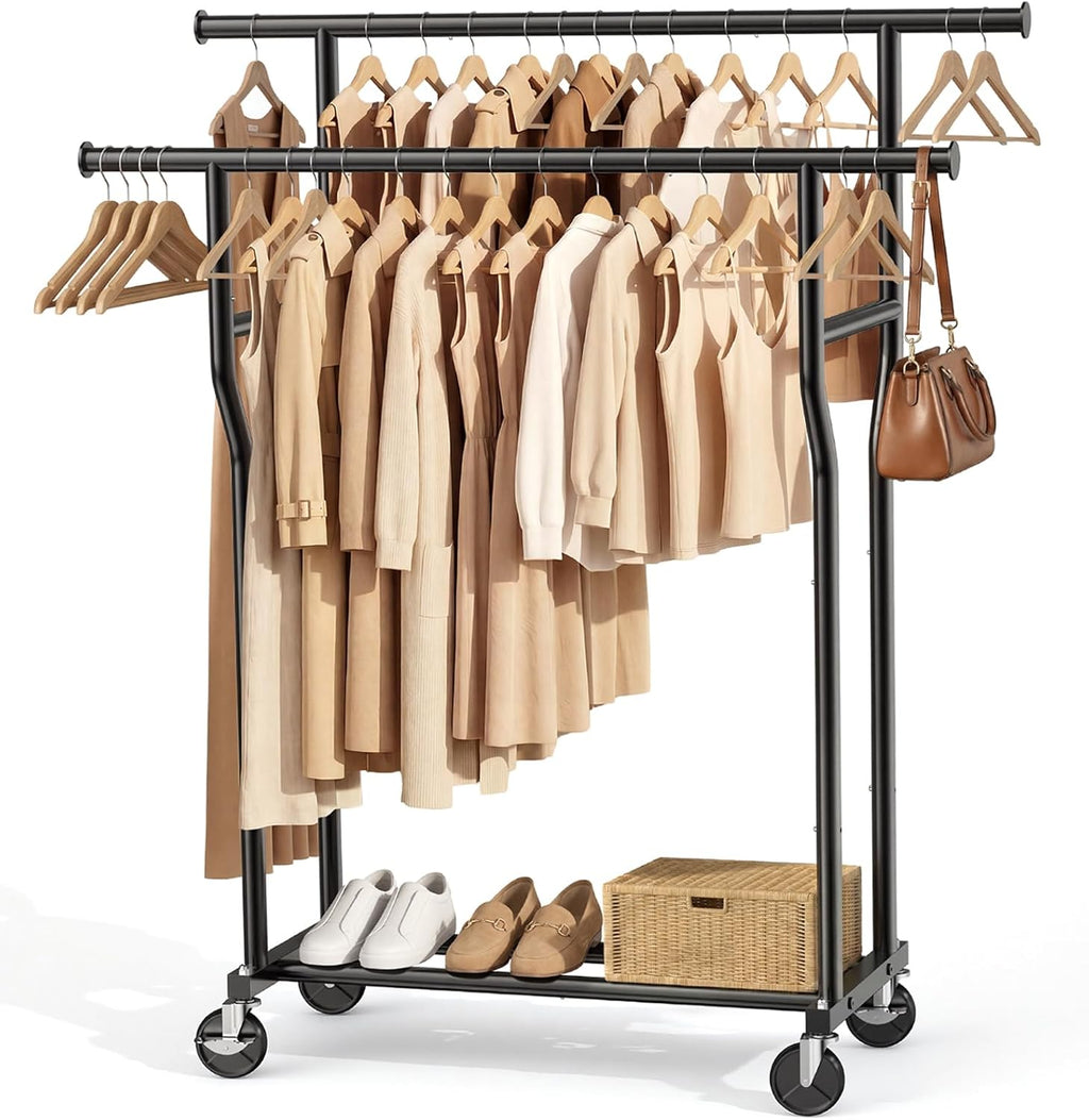 Skiennix Double Rods Rolling Clothes Rack - Heavy-Duty 260 LBS Capacity | Portable Metal Garment Rack in Black