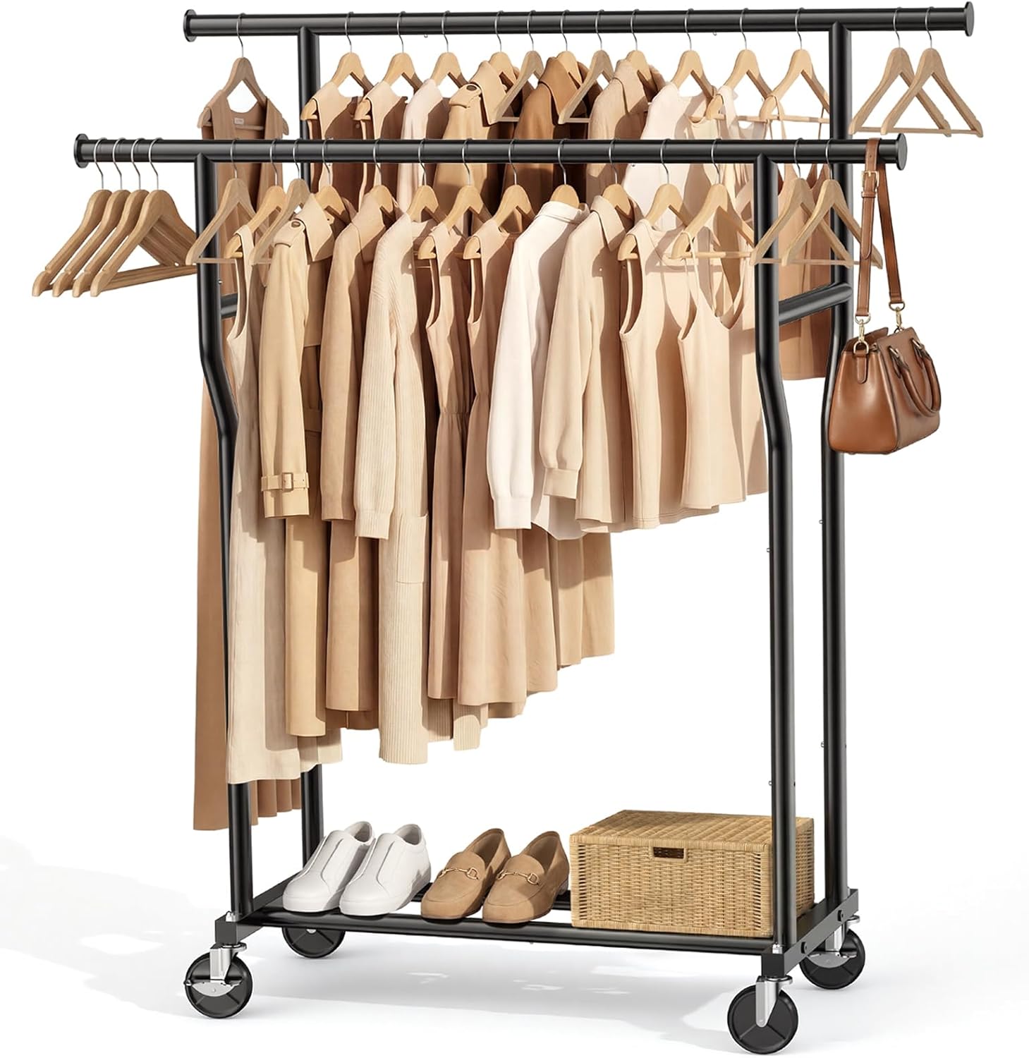 Skiennix Double Rods Rolling Clothes Rack - Heavy-Duty 260 LBS Capacity | Portable Metal Garment Rack in Black