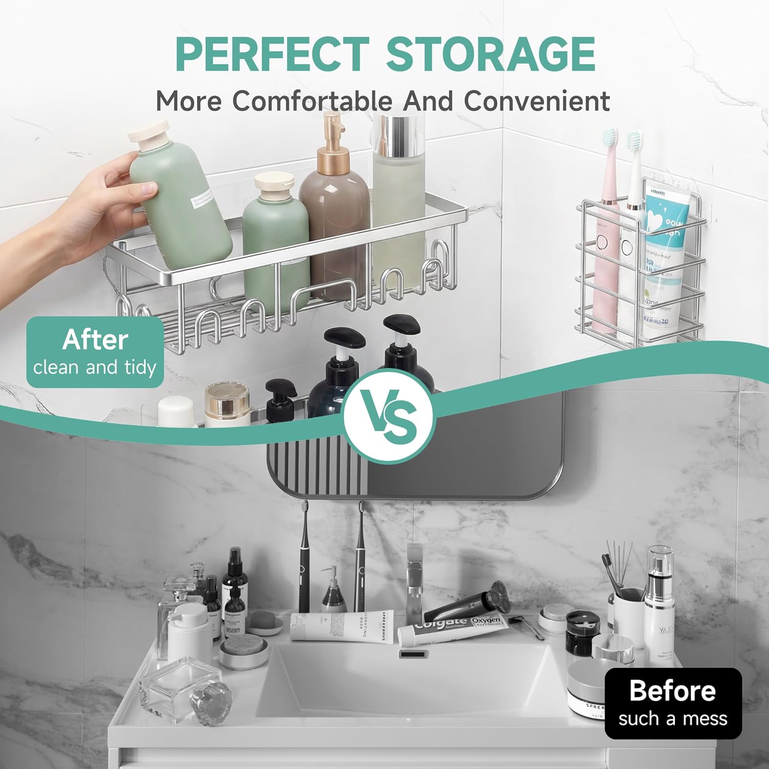Veken Shower Caddy - Award-Winning Large Wall Mounted Organizer | 6-Pack Bathroom Storage with Soap Dish & Toothbrush Holder