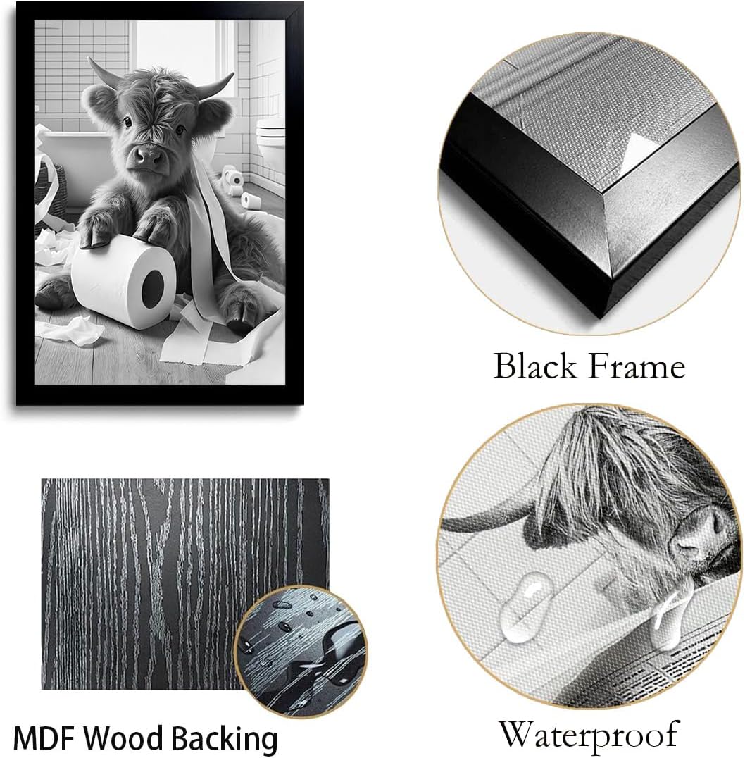 OIQArt Funny Bathroom Wall Art - Black and White Highland Cow Canvas Prints | Modern Minimalist Decor