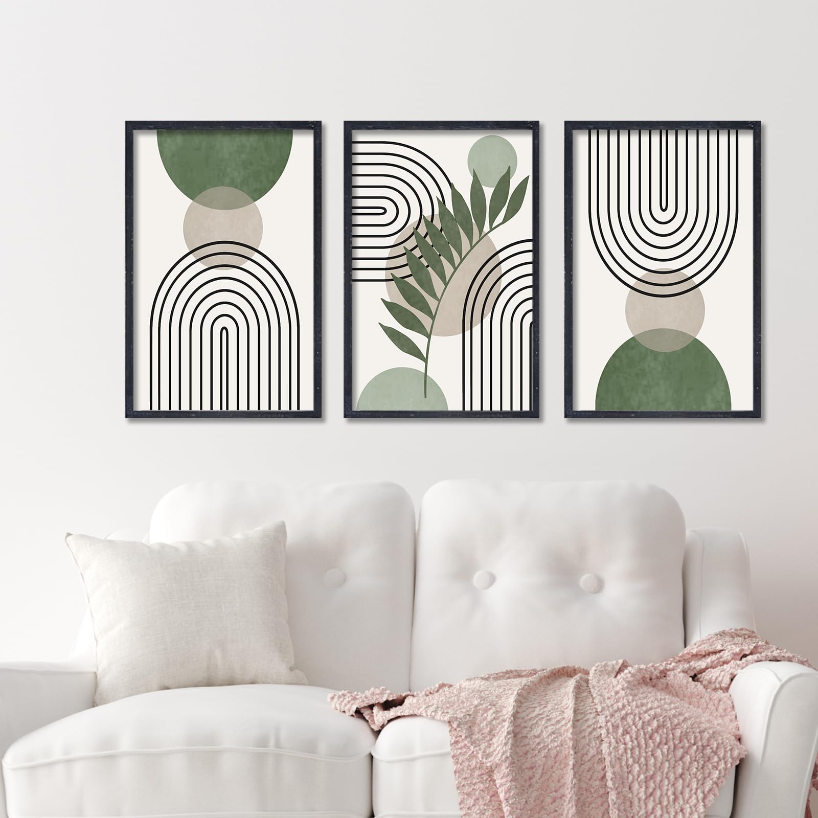 ZZJJHYWGQ Sage Green Boho Wall Art Decor 24"x16" Set of 3 Minimalist Geometric Line Leaf Sun Moon Artwork Paintings Living Room Office Abstract Botanical Soild Wood Framed Sign Wall Hanging (Black)