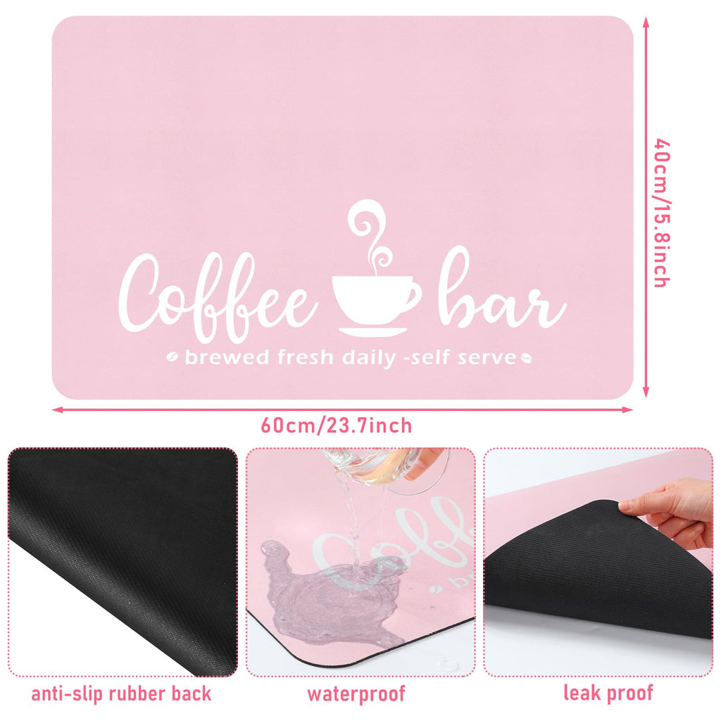 Queekay Pink Coffee Bar Mat Kitchen Accessories for Countertop Absorbent Dish Drying Rubber Backed Coffee Maker Pot Mat, 24 x 16 Inches