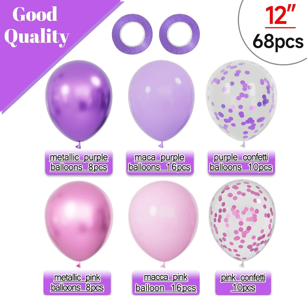 Skiennix 68Pcs Pink & Purple Balloons - 12 Inch Metallic Latex Balloons with Ribbons for Parties