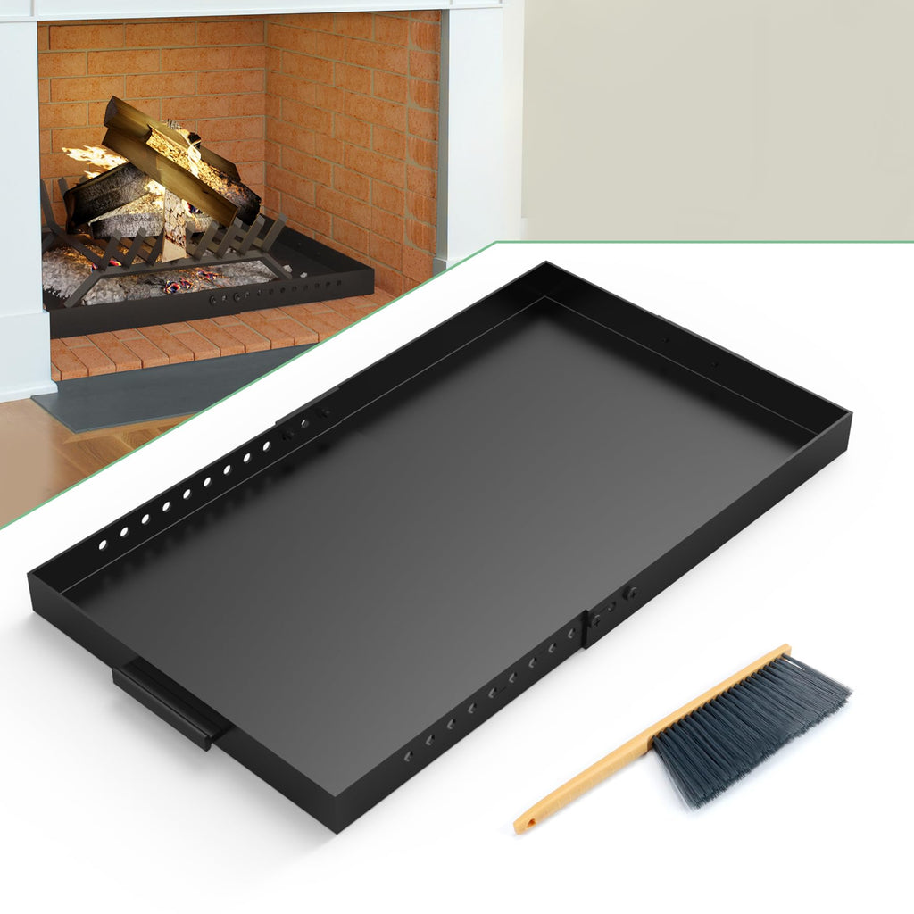 Memrita Fireplace Tray Large Size,Adjustable Ash Pan with Handles for Fireplace Grate Ash Collection,Rectangle Fireplace Pan Extend Length from 22" to 31",Provide a Cleaning Brush
