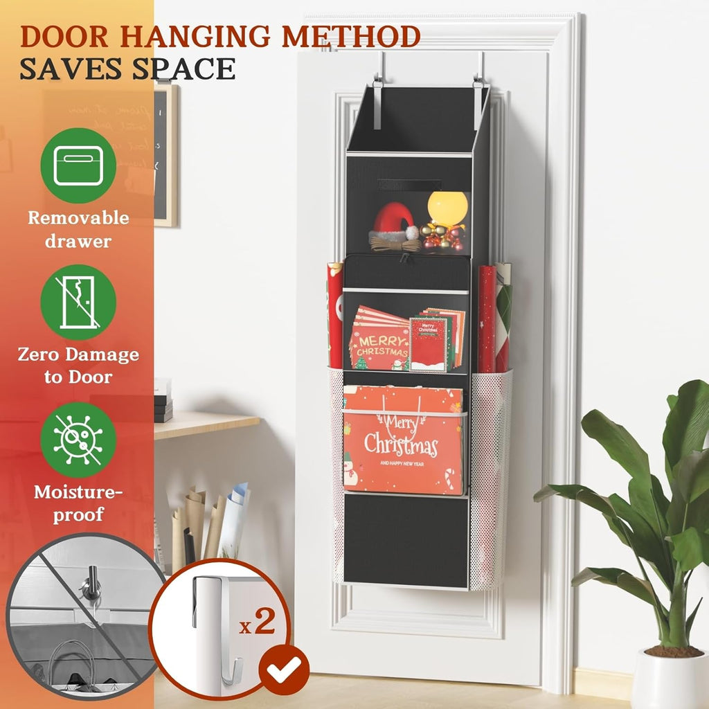 Ofiray Home 2-in-1 Wrapping Paper Organizer - Over Door & Under Bed Storage with Removable Drawer & 4 Pockets