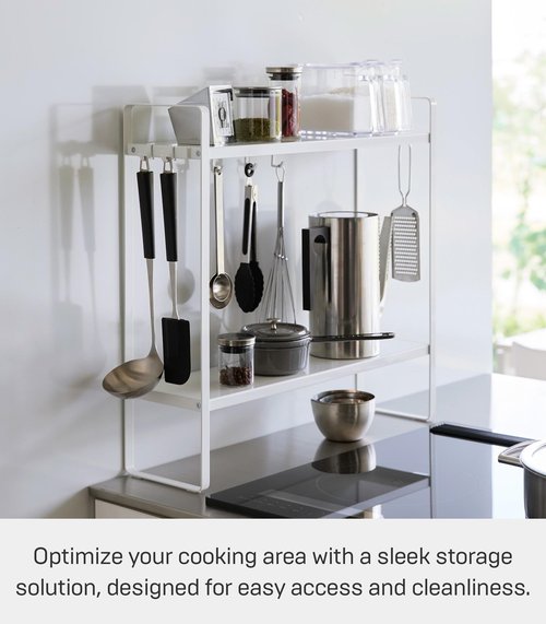 Yamazaki Home Tower Compact 2-Shelf Kitchen Storage Rack | Easy-To-Clean Design, Versatile Hooks - Steel