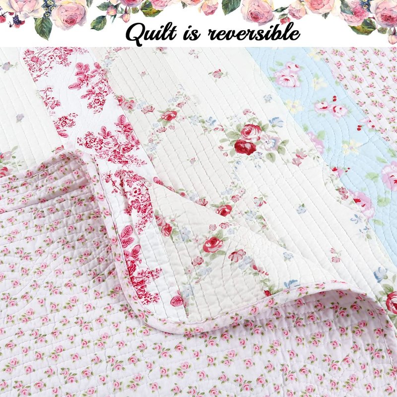 100% Cotton 3 Piece Queen Quilt Bedding Set, Wild Rose Floral Striped Reversible Coverlet, Bedspread