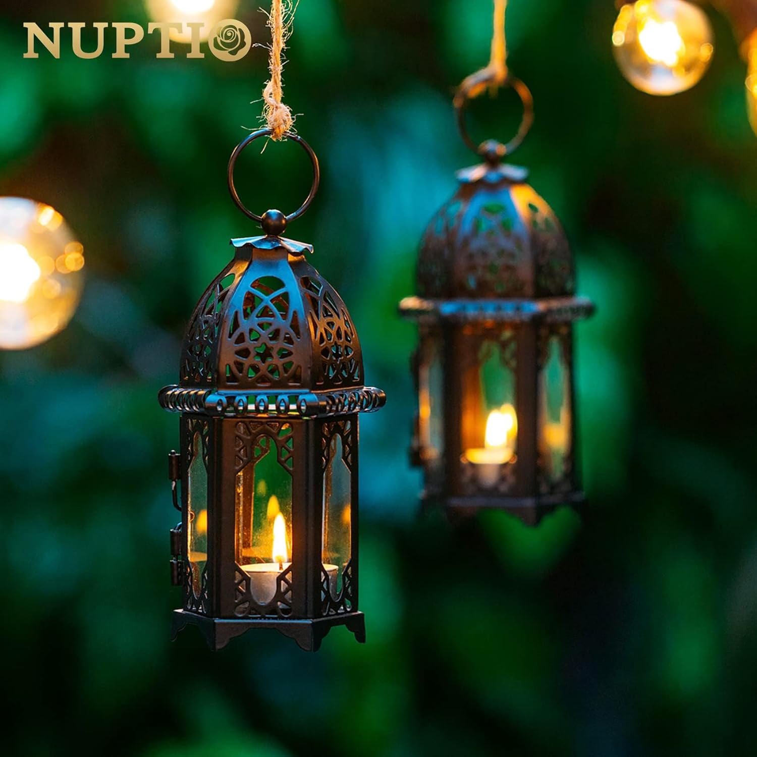 NUPTIO Moroccan Style Candle Lanterns - Small Tealight Holders with Glass Panels | Perfect for Events, Weddings & Patio Decor (2 Pcs, Black)