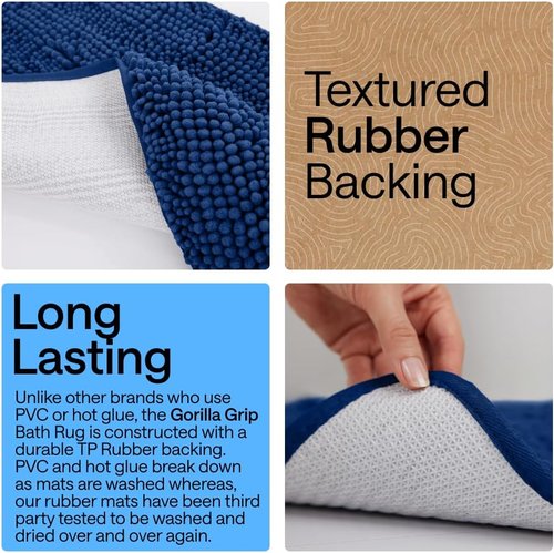GORILLA GRIP Bath Rug Mat - Thick Soft Absorbent Chenille | Quick-Dry Microfiber, Rubber Backing, 24x17 Royal Blue