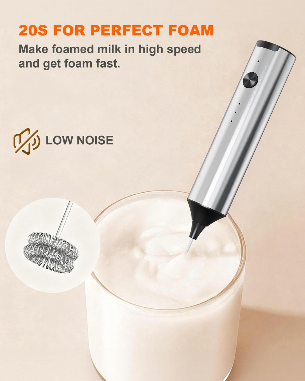 Soenglyun Rechargeable Milk Frother with Stand, Handheld 3-Speeds Coffee frother with 2 Whisks, Electric Frother Wand for Coffee, Latte, Cappuccino, Hot Chocolate, Matcha and Egg Mini Frother, Silver