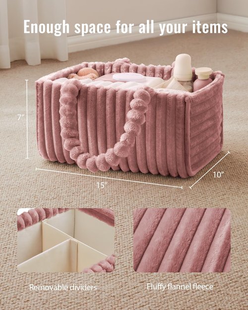 Blissful Diary Flannel Diaper Caddy Organizer - Cozy Plush Pink Nursery Storage Basket for Newborn Essentials