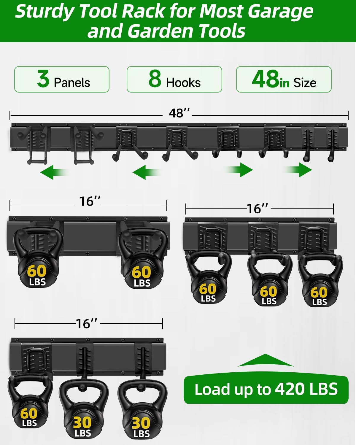 PIYILO Garden Tool Organizer - 48-Inch Heavy Duty Wall Hooks for Ladder, Bike & Tool Storage (23 Pack)
