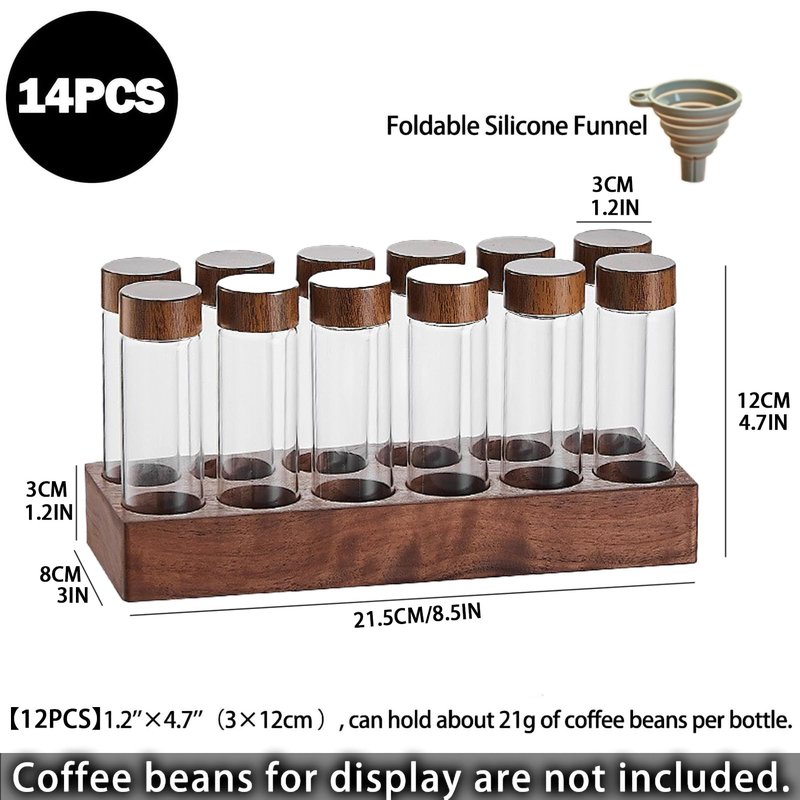 TREELF Coffee Bean Storage,Coffee Storage Container with Walnut Solid Wood Base,Coffee Bean Container,12 Tubes Single Dose with Wooden Holder(Type 1)
