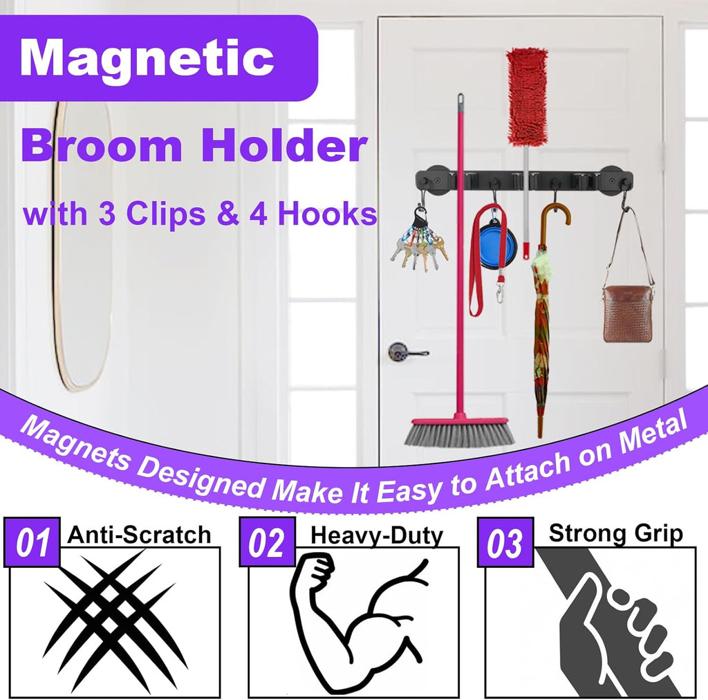 Skiennix Magnetic Mop Holder - Heavy Duty Tool Organizer with Swivel Hooks for Garage & Kitchen