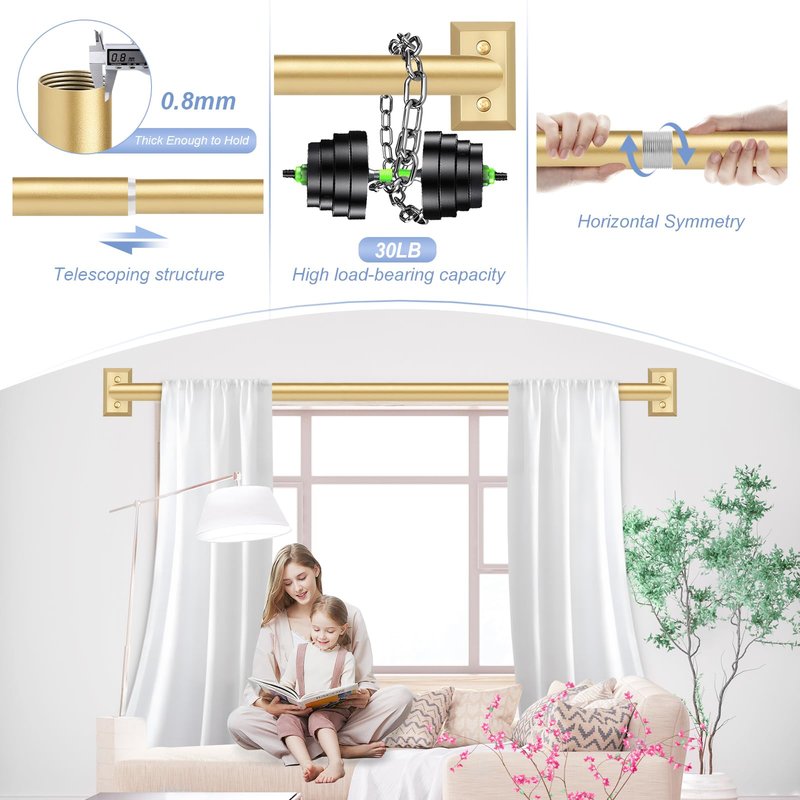 TANGWIN Gold Wrap Around Curtain Rods 2 Pack:Blackout Heavy Duty Adjustable Window Curtain Rod Room Darkening,Modern Industrial Curved French Return Metal Drapery Rods Easy Install,Brass Gold 48-90"