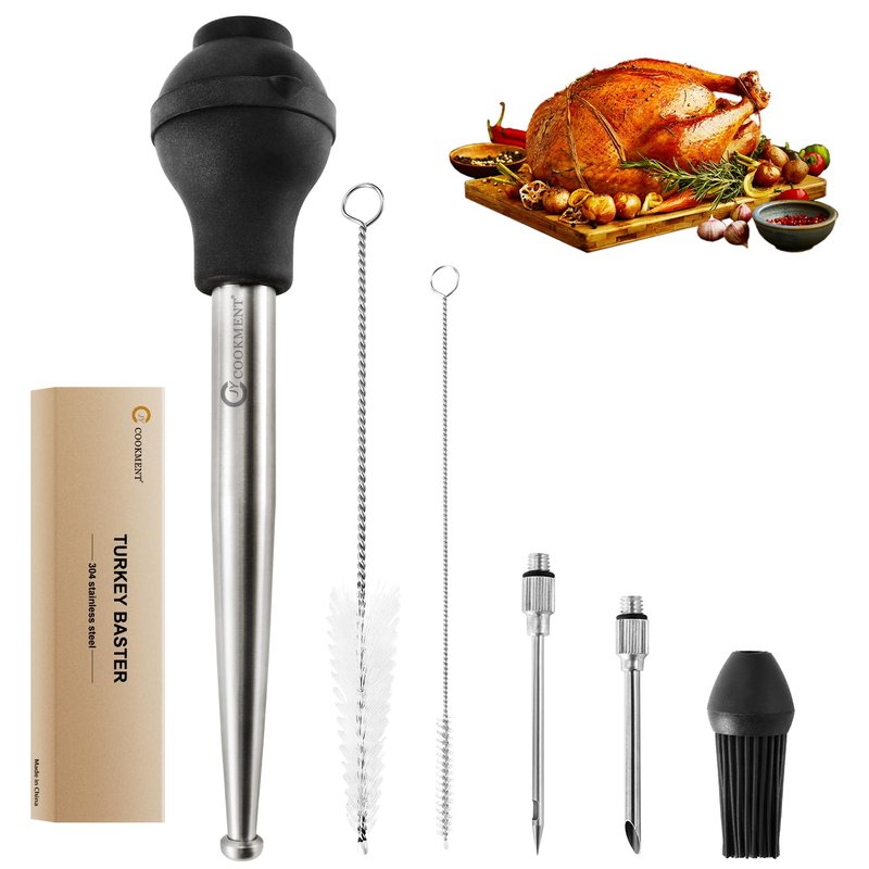 JY COOKMENT Stainless Steel Turkey Baster Baster Syringe for Cooking Meat Injector Set with 2 Marinade Needles 1 Basting Brush1 Cleaning Brush for Home Baking Kitchen Tool,2023 UPDATE