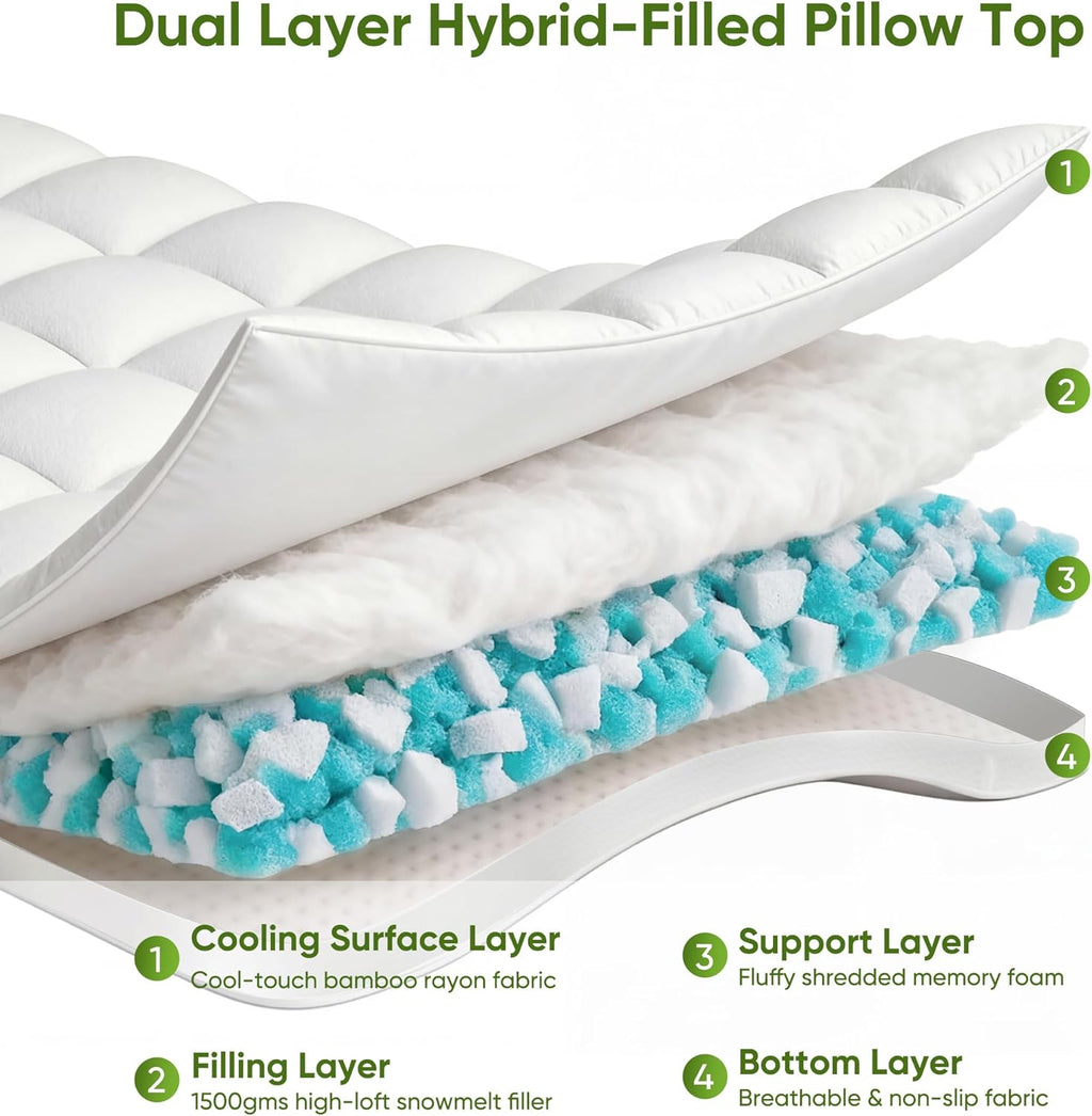 Skiennix Extra Thick Memory Foam Mattress Topper - Dual Layer 2.5" Gel Foam & Bamboo Pillow Top for Back Pain Relief | Queen Size 80x60x5in