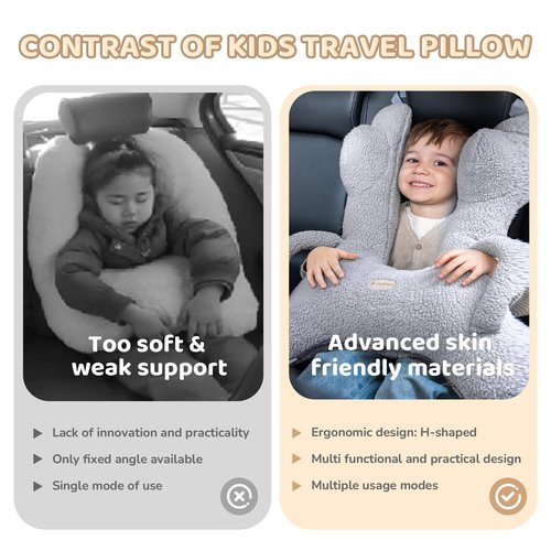 FLORICH Kids Travel Pillow, Car Sleeping Travel Pillow for Kids, Removable H-Shaped Pillow for Adults and Children to Support Head and Body Road Trips with Neck Pillow and Blanket (Grey)