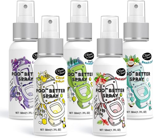 Clean-n-Fresh Toilet Spray Variety Pack | 5 Travel Essentials - Citrus, Hibiscus, Lavender, Eucalyptus, Beach Coco - 1.7 Fl Oz Each