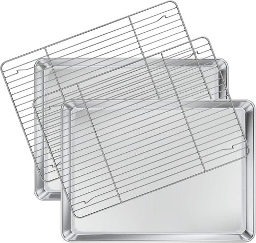 Deedro Baking Sheet Set - Stainless Steel Cookie Half Sheets with Cooling Racks | 2 Sheets & 2 Racks, 17.32 x 12.28 Inch