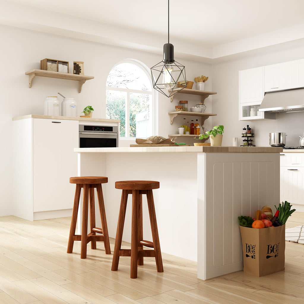 JOLLYMER Solid Teak Wood Barstool with Round Seat for Kitchen Counter, Home Bar Furniture, 24-Inch Height