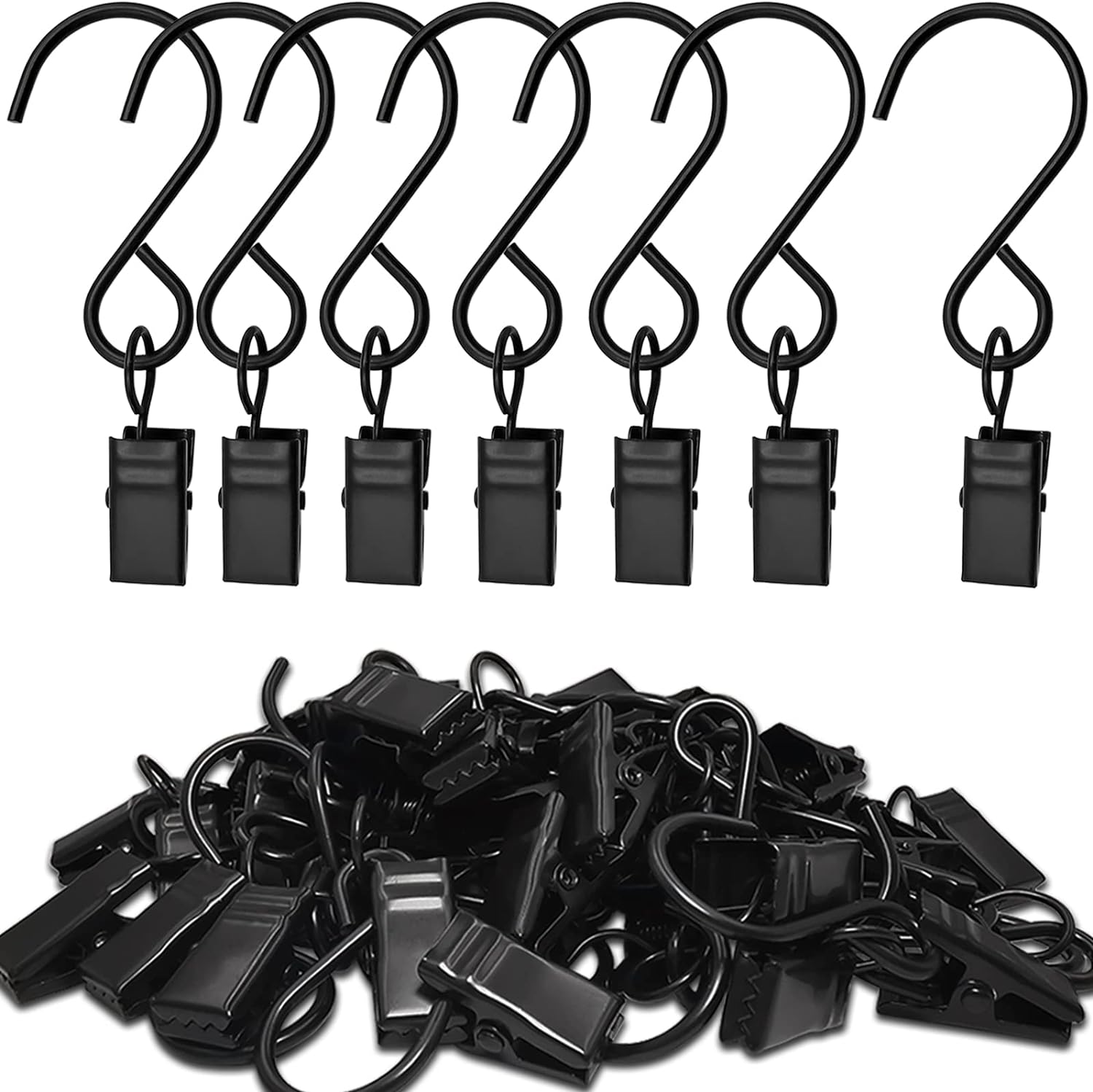 Stainless Steel S Hooks - 50 Pack Curtain Clips for Hanging Lights & Art Displays | 3 Inch, Black